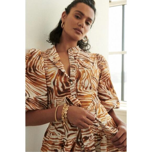 Anthropologie Love The Label Honey Puff Sleeve Swirl Midi Dress Zebra S NWT - Picture 2 of 15